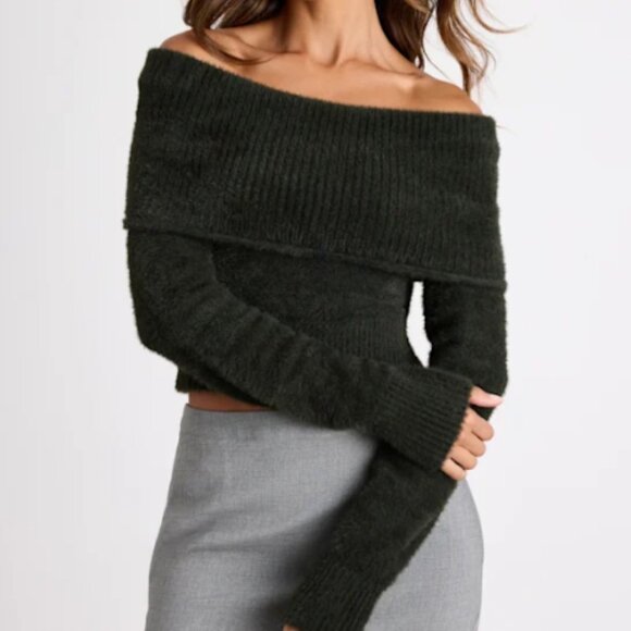 Ravenna Forest Green Eyelash Knit Off-the-Shoulder Sweater Top Lulus MEDIUM - Picture 1 of 4